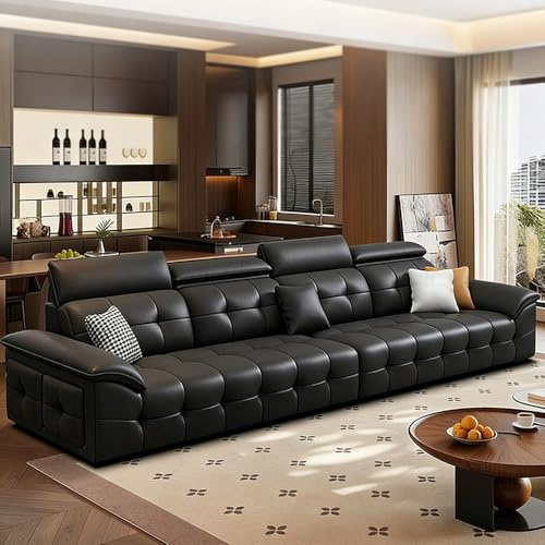 Italiensk lyxig enkel svart lädersoffa, massiv träram, rymlig och mjuk soffa, modern stor storlek, lämplig för vardagsrum/kontor/lägenhet.