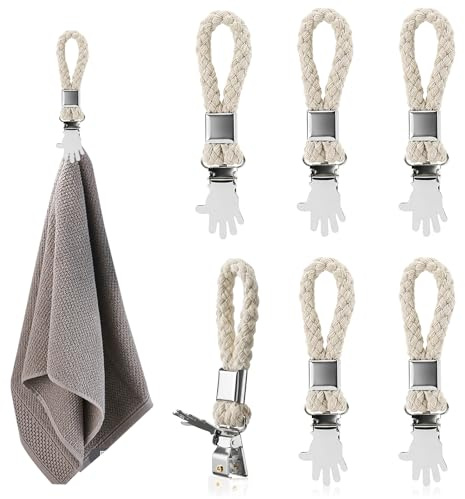 Ouligay 6 PCS Kitchen Towel Clips, Hanging Tea Towels Clip with Loop Cotton, Metal Bath Towels with Hanging Loop Beige Kitchen Hand Towel Holder Hook for Home Bathroom Cupboards Cloth Hanger Holder