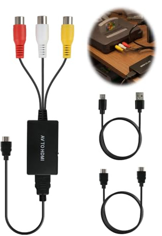 Vomtaric AV till HDMI-omvandlare med RCA- och HDMI-kablar, CVBS till HDMI-kompositadapter 720P 1080P, Analog video till digital ljudkonverterare för PS2, N64, Xbox DVD VHS VCR