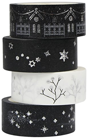 UOOOM 4 rollos Washi Tapes negra blanca Plateado Patrón Cinta adhesiva decorativa de papel de enmascarar para decoración, álbumes de recortes, manualidades, regalo (plata)