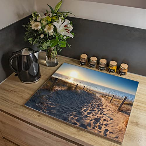 banjado Abdeckplatte Ceranfeld für Strand und Meer Küche maritim, 60x52 cm Glas Herdabdeckung einteilig, robustes Schneidebrett Küche, hitzebeständig mit Gumminoppen, mit Motiv Nordseestrand