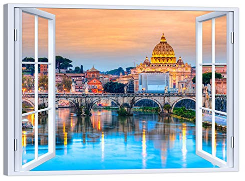 LuxHomeDecor Quadro finestra roma 100x75 cm Stampa su Tela con Telaio in Legno Arredamento Arte Arredo Moderno