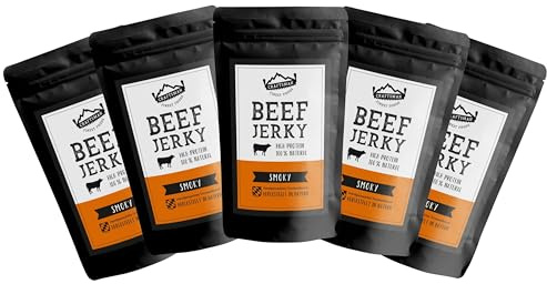 Craftsman Beef Jerky Smoky | Trockenfleisch ohne Zucker Spar-Set 5 x 50g | 100 % natürliches Dörrfleisch, Weiderind, Rindfleisch aus Bayern, zuckerfrei, 68 % High Protein Snack