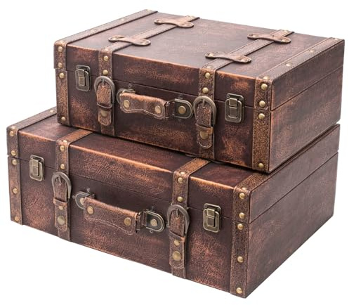 HMF Vintage Deko Koffer aus Holz, Aufbewahrungsbox mit Deckel und Ledergriff, stilvolle Aufbewahrung und Geschenkidee für Hochzeit oder Geburtstag | Klassik | 2er Set, 38 + 44 cm