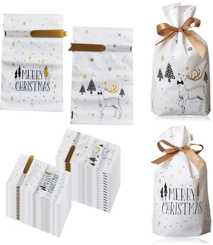 50 Stücke Weihnachten Geschenkbeutel,Geschenkverpackung Taschen,Süßigkeiten Taschen,Weihnachten Süßigkeiten Tüten,Geschenktüten mit Band&mit Kordelzug,Xmas Party Süßigkeiten Packung