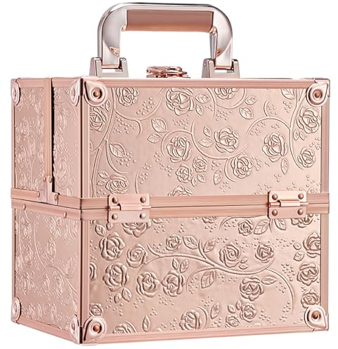 FRENESSA Makeup Train Case Cosmetic Box Portable Makeup Case Organizer 4 Trays Lock Travel Storage Organizer with Dividers Make Up Artist Vanity Hard Nail Spa Beauty Box Rose Gold Floral