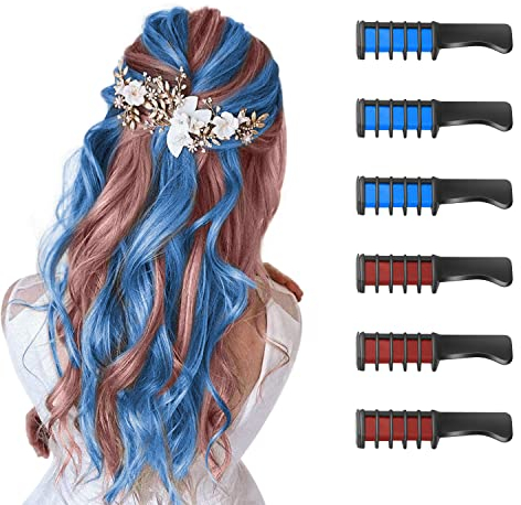 6 Piezas Peine de Tiza para el Pelo para Niñas y Niños, de Color Brillante Temporal para Regalos de Edad 5+ Lavable Tinte para el Pelo para Cumpleaños Cosplay Fiesta (Azul+Rojo)
