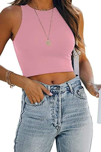 Rayson Canotte da Donna Retro Tinta Unita Sportiva Smanicato Raccolto di Base Scollo Rotondo Estate Top Corto(Rosa,L)