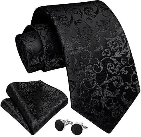 Enlision Black Ties for Men Funeral Floral Tie and Pocket Square Cufflinks Set Elegant Formal Necktie Handkerchief for Wedding Party Business