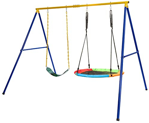 GYMAX Double Swing set, Metal Swing Frame with Ground Stakes, Indoor Outdoor Kids Swings set for Garden Playground, 300kg Weight Capacity