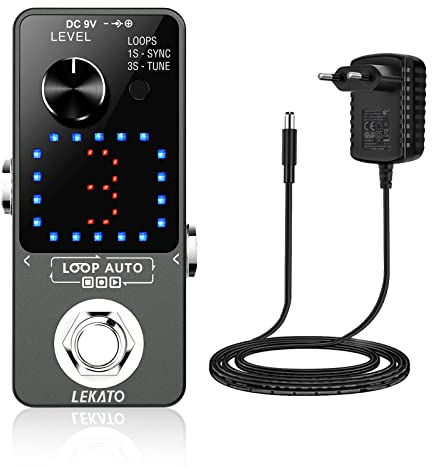 LEKATO Triple Looper Synchron Recording Elektrisches Auto Loop Effektpedal 18 Minuten Aufnahmezeit Unbegrenzte Overdub Guitar Looper Station für Gitarren BassTuner-Funktion (Grau+Adapter)