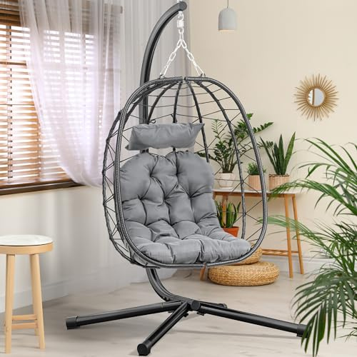 YITAHOME Silla Huevo con Soporte Carga Máx. 150kg Silla Colgante con Cojín y Soporte para Interior 195x120x108cm Silla Colgante Exterior Resistente Estructura de Ratán para Jardín, Negro & Gris