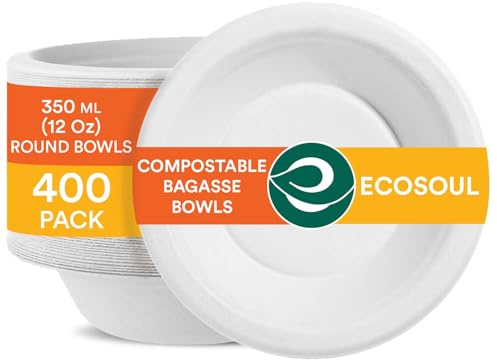 ECO SOUL Lot de 400 bols à soupe jetables et robustes 100 % compostables de 355 ml - Bol en papier robuste - Saladier respectueux de l'environnement - Petit format