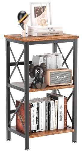 YMYNY Bücherregal, Standregal mit 3 Ablagen, Stabiles X-Rahmen, Verstellbare Füße, Einfachmontage, 40×29×75cm, für Wohnzimmer, Schlafzimmer, Küche, Arbeitszimmer, Badzimmer, Rustikales Braun HST008H