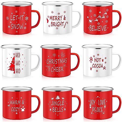 Mumufy Kaffeetassen für den Winterurlaub, 340 ml, saisonale Merry Christmas-Tassen mit Zitaten, weiße und rote Tassen, lustige Tassen für Frauen, Kollegen, Kinder, 9 Stück