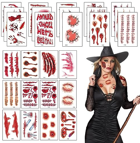 30 Blatt Halloween Tattoo,Gesicht Narben Tattoos,Wunden zum Aufkleben Halloween Schminke Blut Temporäre Tattoos Wasserdicht Horror Halloweendeko für Zombie Makeup Cosplay Party