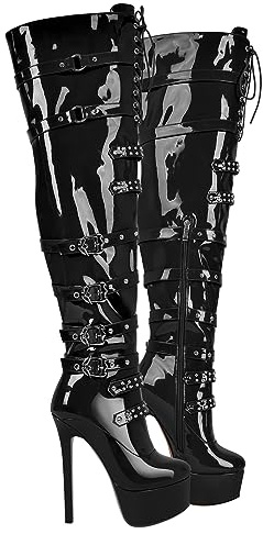 blingqueen Damen Plateau Overknee Stiefel Punk Boots Stilettos High Heels mit Nieten Schnallen Lack Schwarz 42 EU