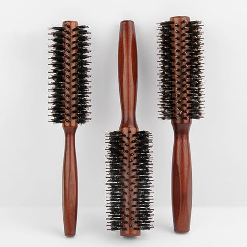 MFCGHXR Juego de 3 cepillos de pelo corto redondos de cerdas de jabalí de primera calidad - Mejora el volumen, suave con el cuero cabelludo - Mango de madera duradero - Adecuado para mujeres y hombres