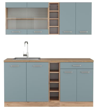 Vicco Singleküche R-Line, Blau-Grau/Goldkraft Eiche, 160 cm | 6 Module · Höhenverstellbare Füße · Ohne Arbeitsplatte · Robuste Fronten · Mit offenen Regalen · Frei kombinierbar