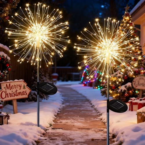 yowin Lampe Solaire Exterieur Jardin 2 Pièces 150 LED Feu d'artifice Solaire, 8 Modes Éclairage Extérieur Solaire, Étanche Lampe Solaire de Pissenlit pour Jardin Pelouse Terrasse Décoration