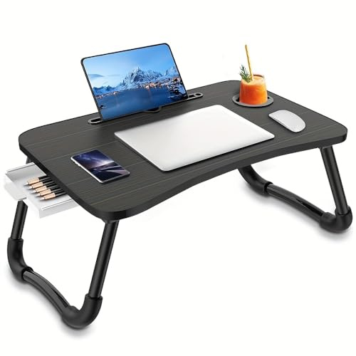 Bandeja para Cama Mesa Plegable de Desayuno Bandeja Ordenador Portátil Multifunción Escritorio Plegable para Cama y sofá (con Cajon, Negro)