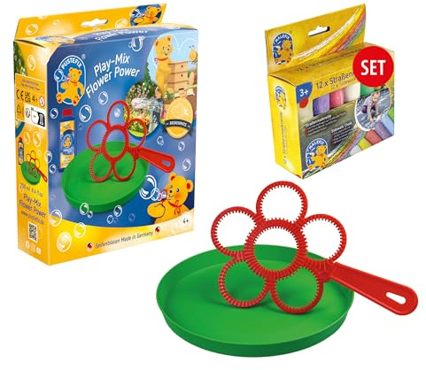 PUSTEFIX Blasring Set Flower Power & MALEFIX Straßenkreide 12er Packung I Seifenblasen Kinder Set I Spiel & Bubble Spaß bei Kinderparty & Geburtstag