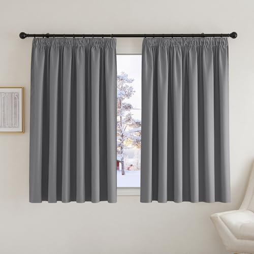 PONY DANCE Blackout Curtains for Bedroom / Living Room Pencil Pleat Grey Thermal Insulated Curtains 90x54 Inch Extra Wide Curtains with Hooks for Track, 2 Panels, W90 X L54, Gray