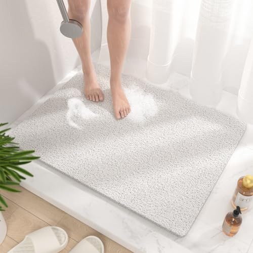 HITSLAM Tapis de Douche Antiderapant, 80x60cm Tapis de Baignoire Antidérapant avec Drain, Doux PVC Luffa Tapis de Bain pour Salle de Bain, Séchage Rapide, Blanc