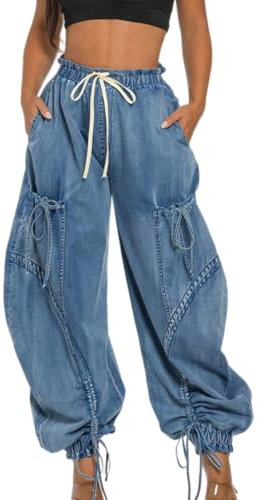 Unybwonn Damen Baggy Barrel Jeans, hohe Taille, Y2K, Kordelzug, Fliege, Cargo-Jeans, Retro, weites Bein, Knöchel-Denim-Jogginghose, Blau, XX-Large