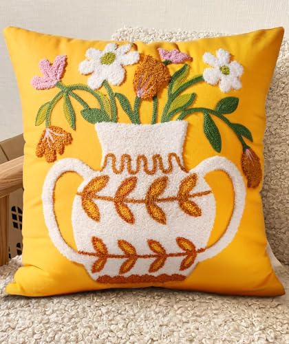 Kokaaee Embroidered Throw Pillow Cover - 18x18 Decorative Pillow Cover with Zipper Aesthetic Cute Design Boho Spring Summer Cozy Throw Pillowcase for Living Room Couch Sofa Bed, Floral Vase