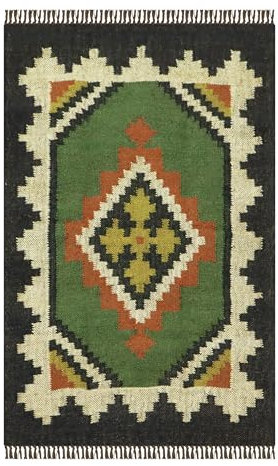 Böhmischer Läufer, 6,3 x 45,7 cm, großer geometrischer Teppich, grüne Wolle, Jute, Kelim, Flur, Treppe, langer Läufer, Einweihungsgeschenk, Flachgewebe, Wolle, Jute, Teppich, Spalierbereich, Küche,