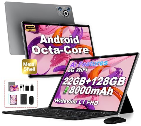 Dghrti Tablette Android, 10 Pouces, 22Go RAM 128Go ROM/TF 1TB Extensible, HD Écran IPS, 8000mAh, WiFi 5G, Octa-Core, BT5.0, 8MP+5MP, Corps métallique, Tablet Tactile avec Clavier, Souris-Gris