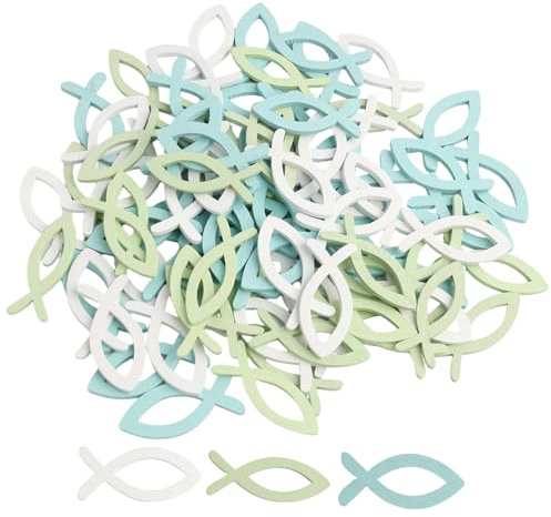 90 PCS Tischdeko Konfirmation, 4cm, 3 Farben (Weiß, Blau, Grün), Kommunion Taufe Tischdeko, Holz Fische Deko, Ideal Für Jungen Und Mädchen, Streudeko Für Festlichkeiten