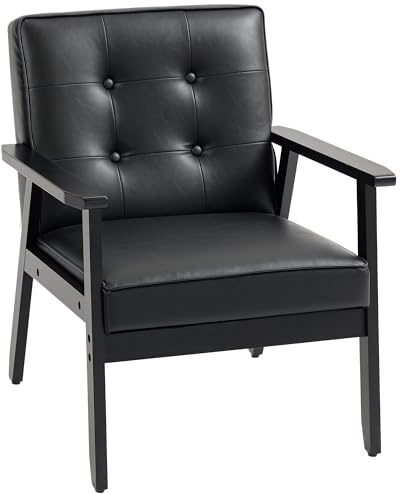 HOMCOM Poltrona, sedia da salotto in pelle PU, sedia occasionale con struttura in legno di gomma per soggiorno, reception, camera da letto, balcone, nero