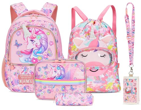 Amythe Set de Mochila Escolar para Niña 6 8-10 Años, 5 PCS Mochilas Bonito con Estuche, Bolsa de Almuerzo, Bolso Deportivo y Cartera, Mochila Colegio Niña Impermeable y Ligera, Rosa