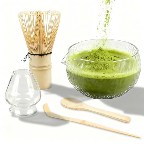 Matcha Juego de 5 piezas, chasen, cuchara, cuenco de cristal con boquilla, soporte para escobas y cucharilla, juego de batidores Matcha, juego de ceremonia de té japonesa para los amantes del matcha