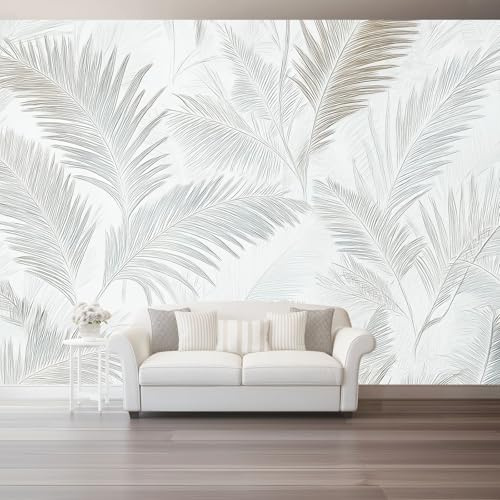 Papier Peint Panoramique Texture Des Feuilles De Palmier Tropicales Gris Blanc 3D Moderne Papier Peint Intissé Pour Chambre Salon Bureau Personnalisé Mur Tv Décoration Murale 350 X 256 Cm