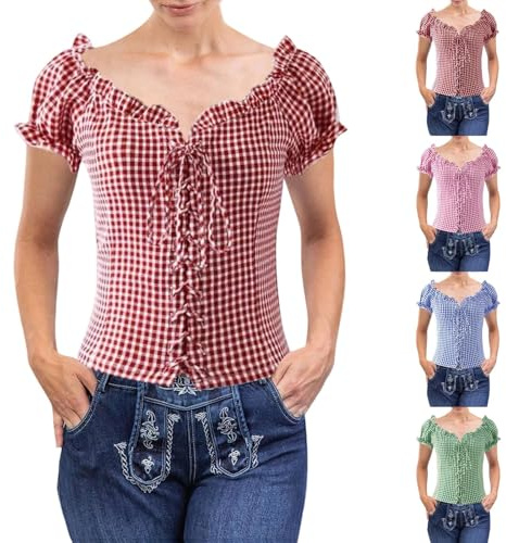 Trachtenbluse Damen Kariert Bluse Oktoberfest Outfit Karohemd Trachtenmieder Oktoberfestbluse Rot/Blau Hemd Kariert Shirt Edler Kordelzug PuffäRmel Kurzarm Oberteil Dirndlblusen FüR Festlichkeiten