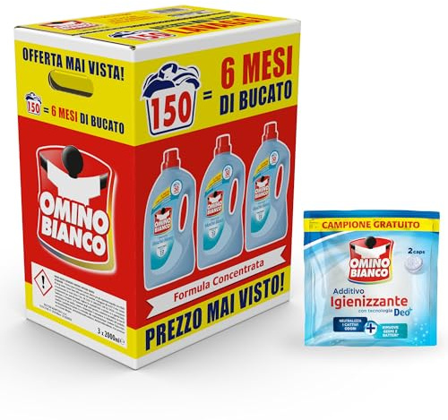 Omino Bianco - Detersivo Lavatrice Liquido, 150 Lavaggi, Rispetta Colori e Tessuti, Fresco Profumo con Essenza di Muschio Bianco, 2000 ml x 3 + Campione di Additivo Lavatrice Igienizzante Idrocaps