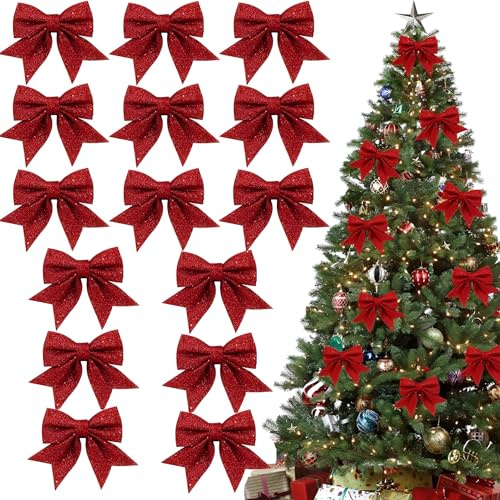 15 Stück 12x15cm Weihnachtsschleifen,Schleifen Weihnachtsbaum Rot,Weihnachtsbaum Deko Schleifen,Glitzer Schleifen Weihnachtsbaumschmuck,Weihnachten Schleifen für Weihnachtskranz Geschenke Deko