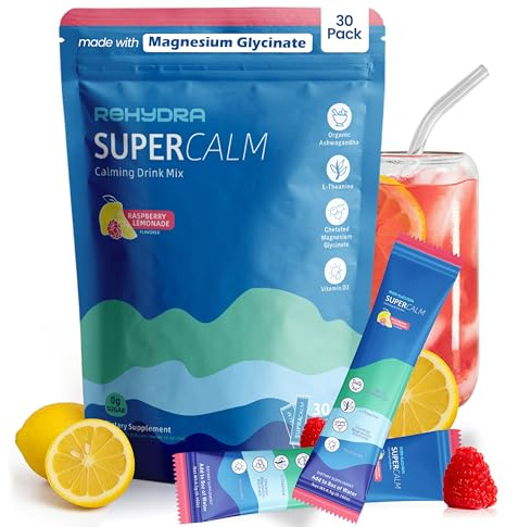 Rehydra SuperCalm Cortisol Powder Drink Mix for Stress, Calm & Sleep Support, with Magnesium Glycinate, L-Theanine, KSM-66 Ashwagandha & Vitamin D3, Zero Sugar, Raspberry Lemonade Flavour, 30 Servings