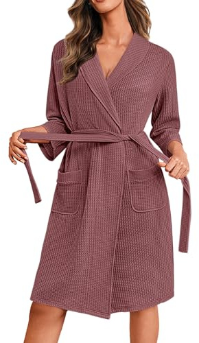 Ekouaer Accappatoio Donna Nido d'Ape Corta Vestaglia Leggero Morbida con Tasca Kimono Vestaglie Maniche a 3/4, Magenta XL