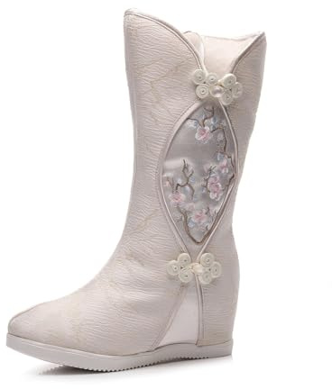 Damstövlar I Traditionell Kinesisk Stil Med Blombroderi Och Mitt På Vaden Varma Hanfu-skor Med Plyschfoder Avslappnade Stövlar Med Dold Kilklack Stövlar För Scenframträdanden(Gold,36 EU)