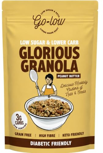 GO-LOW Glorious Granola (Peanut Butter) - ONLY 3.0g carbs per serving | Low carb | Low sugar |Diabetic friendly | Keto | High fibre | Source of Protein | Gluten free | Paleo | Vegan friendly