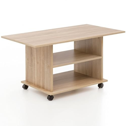 FineBuy Couchtisch 95x54,5x51 cm Drehbar mit Rollen, Wohnzimmertisch | Sofatisch mit 2 geräumigen Ablageflächen, schwenkbare Tischplatte, Loungetisch Holz, Kaffeetisch mit Stauraum