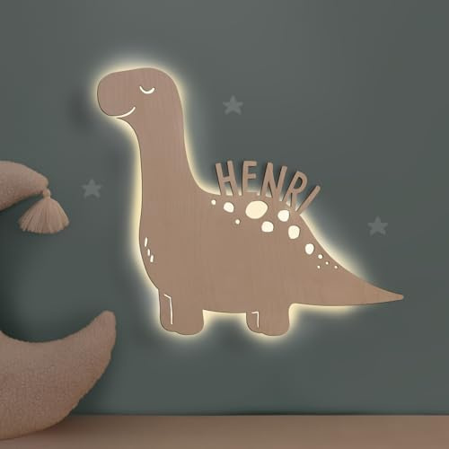 hellomini Personalisierbares LED-Nachtlicht mit Name für Kinder & Babys | Holz-Wandlampe | Schlummerlicht mit Motivwahl – Geschenk zur Geburt & Taufe (Levi das Langhals)