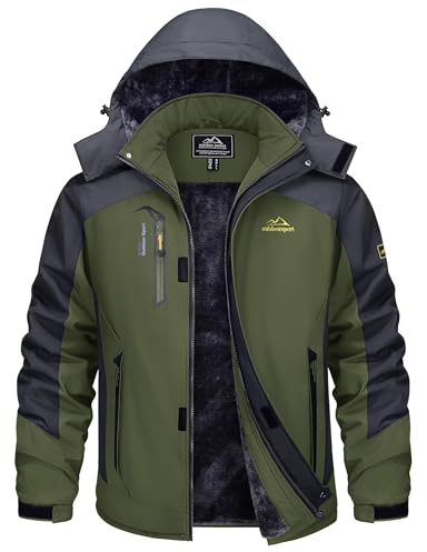 TACVASEN Winter Jacket for Men - Waterproof Fleece Coat for Fishing, Hunting, Outdoor Skiing, Trekking, Climbing - Warm Windproof Snow Jacket in Army Green