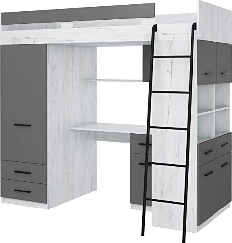 Hochbett mit Schreibtisch, Schubladen, Kleiderschrank und Bücherregal - Platzsparendes Loftbett (120x206x188 cm) - Kinderbett 90x200 Bettgröße - Rechte Leiter - LEVEL (CraftWeiß/Graphit)