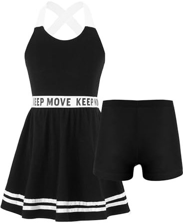 Freebily Mädchen Tennis Kleidung Ärmelloses Tennis Kleider Shorts 2er Set Kinder Sport Outfit Tanzkleid Badminton Training Fitness Bekleidung Schwarz 134-140/9-10 Jahre