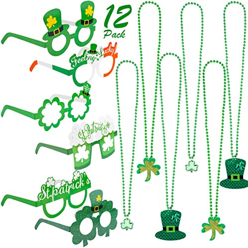 Qpout 12-delars St. Patrick's Day tillbehörsset, 6 st fyrklöver hatthalsband, 6 st St. Patrick's Day pappersglasögon, för barn, kvinnor, män, festgåva, kostymdekoration